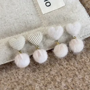 Sweet Heart Plush Ball Drop Earrings Corduroy Fabric Winter Dangle Earrings With Copper Earring Post For Women Jewelry