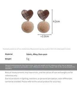 Detailed size specifications for heart plaid fabric earrings with beige fur pompom charms