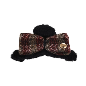 Elegant plaid bow hair claw clip with black plush material and gold metal buckle detail
