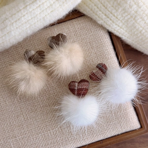Brown plaid heart and fluffy mink pom pom earrings for women in cozy autumn style