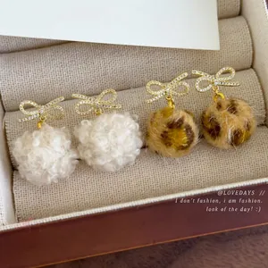 Elegant Bow Plush Ball Stud Earrings Gold Plated Copper Zirconia Rhinestone Leopard White Pom Pom Earrings Women Jewelry