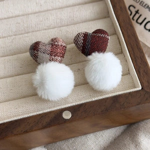 Brown plaid heart and white pom pom drop earrings in a warm winter style