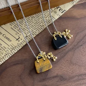 Vintage Handbag Shaped Pendant Necklace Stainless Steel Box Chain Tiger Eye Obsidian Mini Bag Charm Sweater Chain Women Jewelry