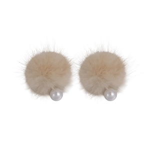 Dual-wear fuzzy pompom earrings with elegant white pearls for women in beige