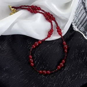 Vintage Burgundy Artificial Crystal Beaded Necklace For Women Elegant Dark Red Round Bead Choker Gold Plated Alloy Chain