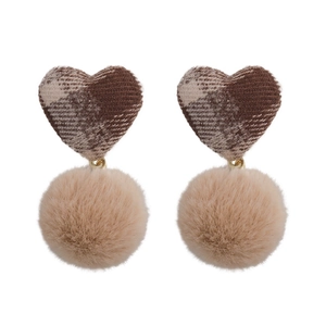Brown plaid heart earrings with fluffy faux fur pom poms for a cozy winter style