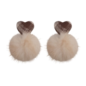 Brown plaid heart plush ball earrings with beige faux mink fur for autumn winter