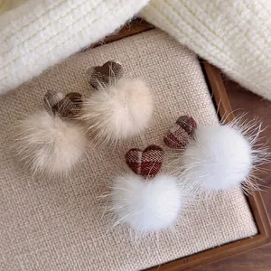 Maillard Style Plaid Heart Fur Ball Drop Earrings Alloy Faux Mink Pom Pom Heart Dangle Earrings For Women Winter Jewelry