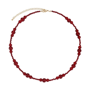 Vintage burgundy beaded necklace with gold lobster clasp and adjustable extension chain