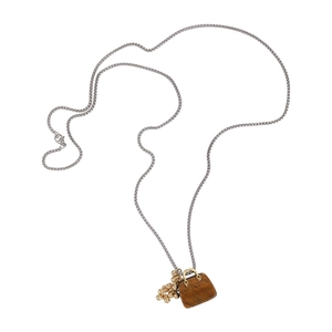 Tiger eye stone handbag pendant necklace with golden bead cluster and silver box chain