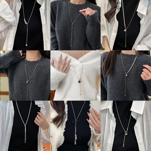 Long Adjustable Artificial Pearl Necklace Stainless Steel Alloy Snake Chain Y-Shape Lariat Necklace Elegant Sweater Chain For Women Party Jewelry
