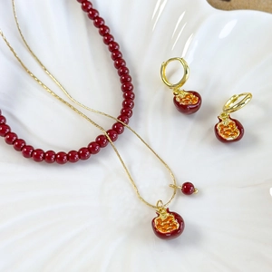 Exquisite pomegranate pendant necklace set with red beads and matching earrings