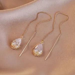 Korean Style Gold Plated Copper Tassel Ear Threader Earrings With Teardrop Rhinestone Cherry Blossom Floral Earrings