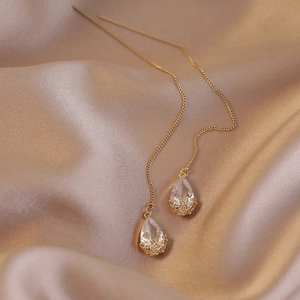Elegant gold-plated cherry blossom drop earrings with white zircon on champagne silk