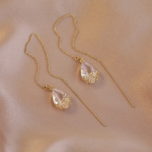 Elegant gold-plated long drop earrings with white zircon teardrops and cherry blossoms