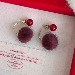 Vintage winter red velvet pom pom earrings with gold metal hooks for a luxury look