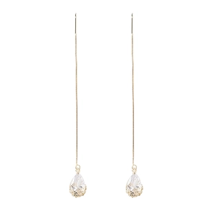 Elegant gold drop earrings with white zircon cherry blossom tassels on white background