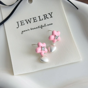 Boucles d'oreilles fleur rose avec pendentifs cœur et zircons étincelants pour femme