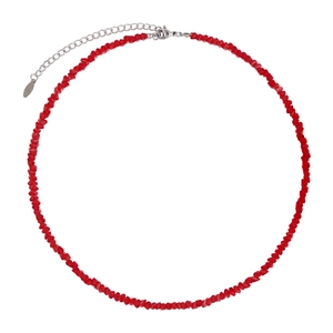 Minimalist red crystal beaded necklace with adjustable metal chain on white background