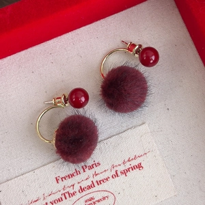 Vintage gold hoop earrings with red bead and wine red faux fur pompom for women
