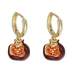 Elegant gold earrings with pomegranate pendants featuring red enamel and orange crystals