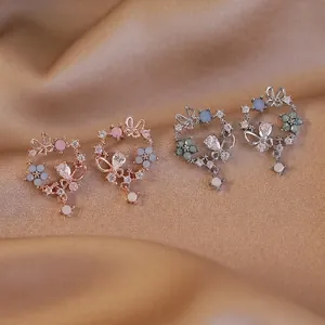 Forest Style Sweet Copper Zirconia Butterfly Flower Hollow Stud Earrings For Women Artificial Pearl Elegant Earring Jewelry