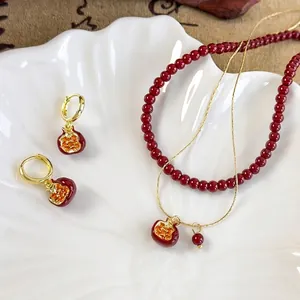 Vintage Pomegranate Pendant Necklace Copper Lacquered Gold Fruit Jewelry For Women Elegant Red Rhinestone Accessory