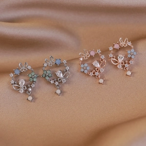 Elegant butterfly flower wreath earrings in silver and rose gold with zircon beads