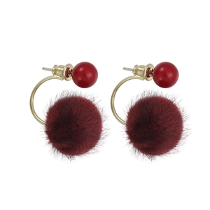 Retro red plush ball earrings with gold metal and red beads for autumn and winter