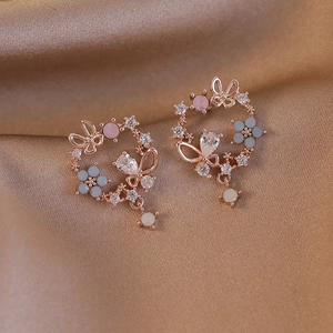Elegant rose gold butterfly floral wreath earrings with colorful zircon and pearl drop
