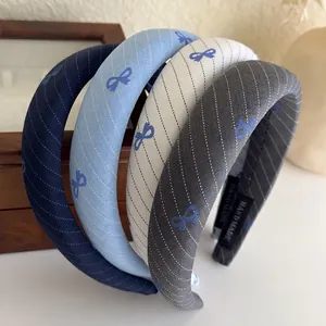 Women Padded Bow Headband Korean Style Striped High Top Sponge Hair Band Handmade Polyester Headpiece Hair Accessories