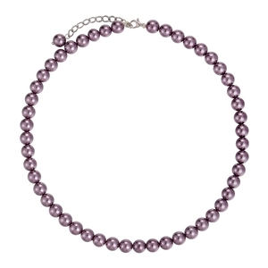 Elegante collana di perle di vetro viola con chiusura a moschettone in argento e catenella