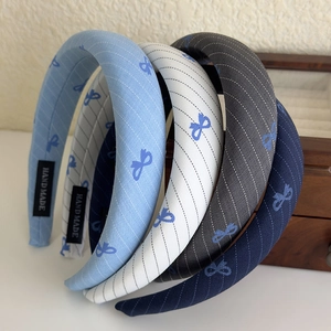 Blue striped bow headband set for women with padded sponge design and handmade finish