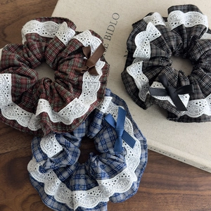 British style plaid scrunchies with white lace trim and bows in a 3-piece set