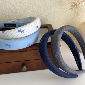 Padded blue striped bow headbands set in vintage fabric style for women with thick sponge