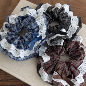 British style plaid scrunchies with white lace edges and delicate silk bows