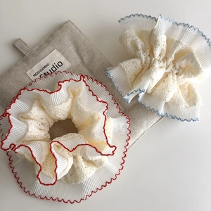 Vintage lace oversized hair scrunchies with red and blue piping on white fabric