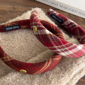 Red plaid padded headband with handmade label and metal accent for hair accessory