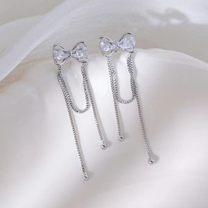Elegante Schleife Lange Quasten Ohrhänger Für Damen Luxus Kupfer Zirkonia Eingelegt Silberfarbene Kette Tropfenohrringe Schmuck Geschenk