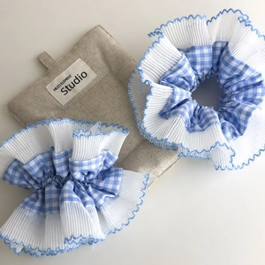 Coleteros de Tela a Cuadros Azules Con Borde de Volantes de Encaje Gomas de Pelo Gingham Dulces Accesorios para el Cabello Estilo Coreano