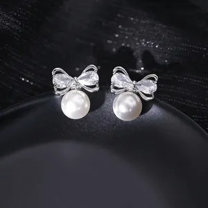Bowknot Artificial Pearl Stud Earrings Copper Zirconia Inlaid Elegant Jewelry For Women Wedding Party Korean Style Accessories