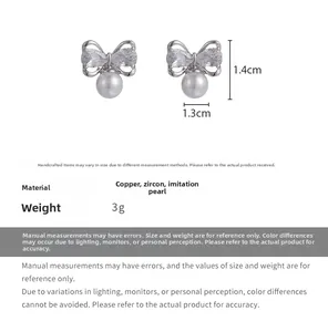 Detailed view showing dimensions and materials of bow zircon pearl earrings