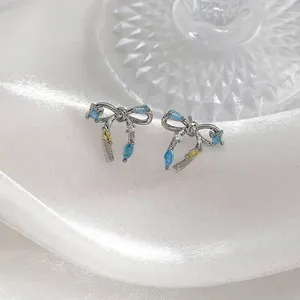 Boucles d'oreilles Puces Nœud en Zirconia Bleu Jaune Boucle d'oreille Nœud de Ruban en Cuivre pour Femmes Style Coréen Doux Élégant Bijoux de Mode