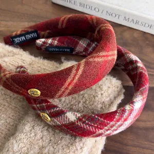 Vintage Red Plaid Fabric Headband For Women Retro Padded Handmade Hair Band Christmas New Year Fashion Plaid Hair Accessories