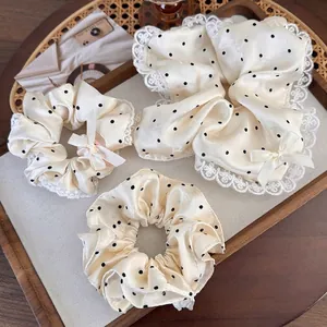 Chouchou Vintage Français À Pois Crème Tissu Satiné Bordure En Dentelle Nœud Attache Cheveux Pour Femmes Accessoires De Cheveux Élégants