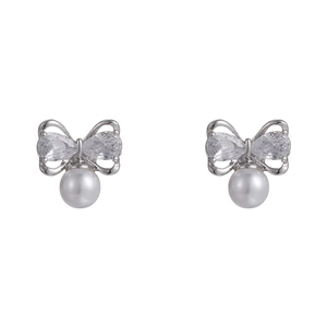 Elegant silver bow earrings with pear-cut cubic zirconia and round white pearls