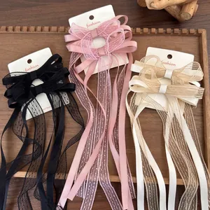 Lace Bowknot Hair Clip Long Streamer Ballet Style Satin Polka Dot Net Yarn Duckbill Clip Sweet Hair Accessories For Women