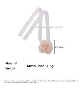 Detail showing pink mesh lace flower necklace dimensions with 100cm length and 4.6g weight