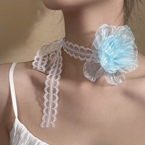 Light blue camellia lace choker necklace and floral headband for elegant french styling