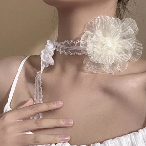 French Vintage Handmade Lace Flower Choker Necklace Elegant 3D Organza Camellia Headband Fairy Multi-use Hair Band For Women